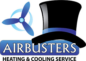 Blue Fan Blade and Black Top Hat Airbusters Heating and Cooling Logo