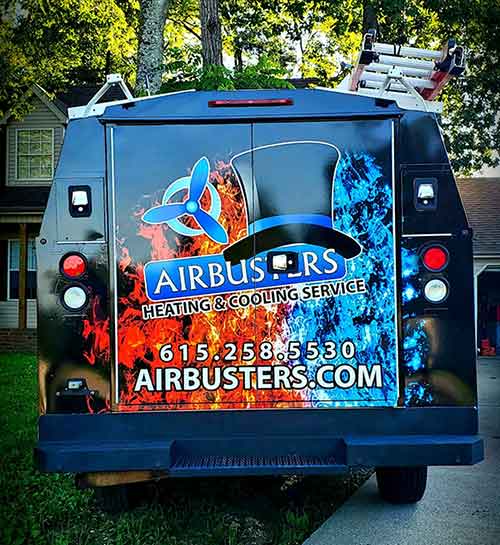 Back of Airbusters Heating and Cooling Truck with Logo