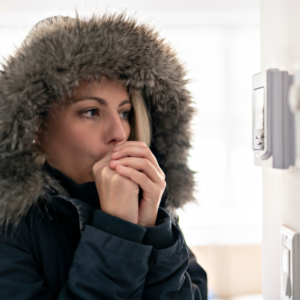 woman with coat on looking cold by her thermostat