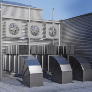 an industrial HVAC system with three fans and three big ducts